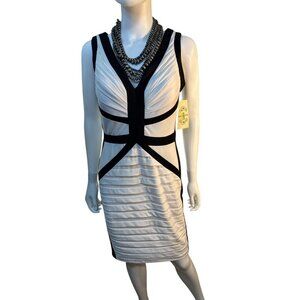 SANGRIA  SLEEVELESS BODYCON PLEATED DRESS IVORY & BLACK MISSY SIZE 10 NWT